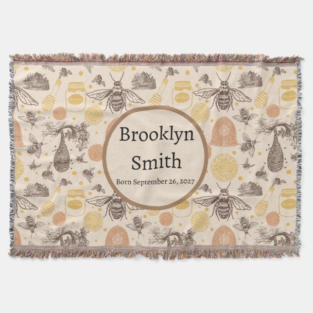 Personalized Vintage Honey Bumblebee Throw Blanket (Front)