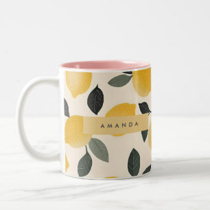 Personalized Vintage Lemons with Green Leaves Two-Tone Coffee Mug