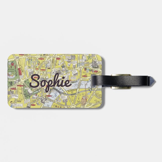 Personalized vintage London map kids luggage tag (Back Horizontal)