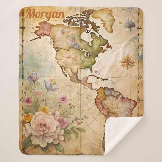 Personalized Vintage Map Sherpa Blanket (Front)