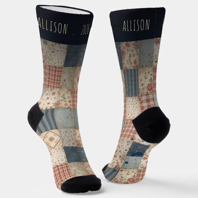 Personalized Vintage Memory Quilt Custom Name Socks (Angled)