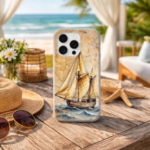 Personalized Vintage Nautical Ship w/ Antique Map iPhone 15 Pro Max Case