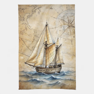 Personalized Vintage Nautical Ship w/ Antique Map Kitchen Towel