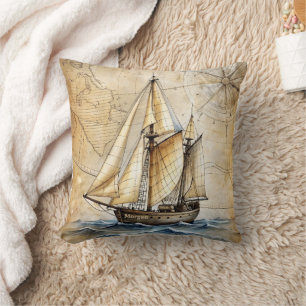 Personalized Vintage Nautical Ship w/ Antique Map Throw Pillow
