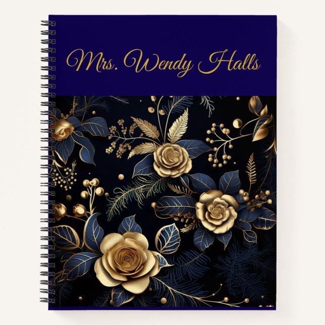 Personalized Vintage Navy Blue and Gold Christmas  Notebook (Front)