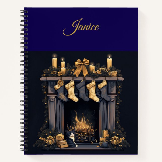 Personalized Vintage Navy Blue and Gold Christmas  Notebook (Front)