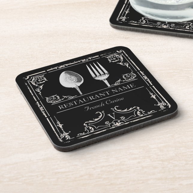 Personalized Vintage Ornate Silverware Restaurant Coaster (Left Side)