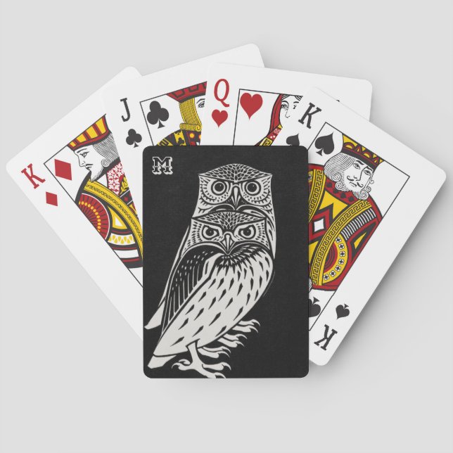 Personalized Vintage Owls Black and White Playing Cards (Back)