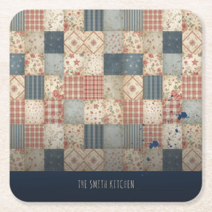 Personalized Vintage Patchwork Family Kitchen Square Paper Coaster