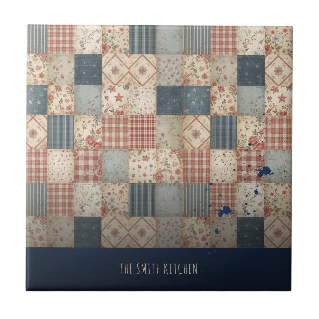 Personalized Vintage Patchwork Family Kitchen Tile (Front)