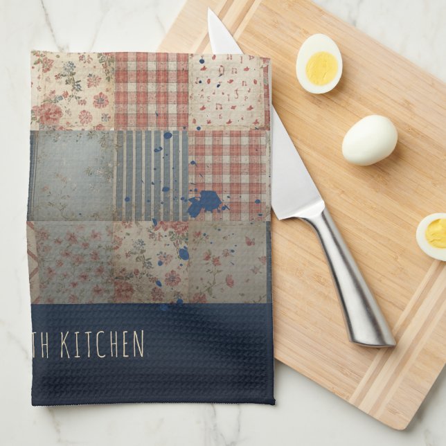 Personalized Vintage Patchwork Family Kitchen Towel (Quarter Fold)
