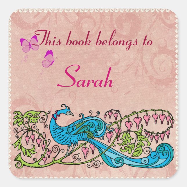 Personalized Vintage Peacock Lacy Pink Book Label (Front)