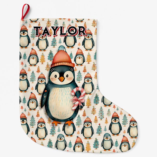 Personalized Vintage Penguins Christmas Large Christmas Stocking (Front)