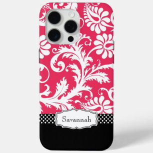 Personalized Vintage Pink and Black Damask iPhone 15 Pro Max Case