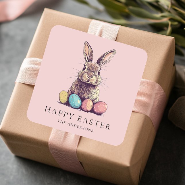 Personalized Vintage Pink Bunny & Egg Easter Square Sticker (Creator Uploaded)