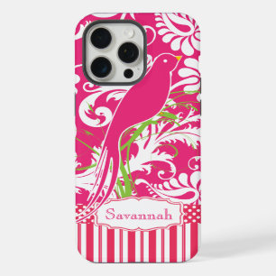 Personalized Vintage Pink Damask Love Bird iPhone 15 Pro Max Case
