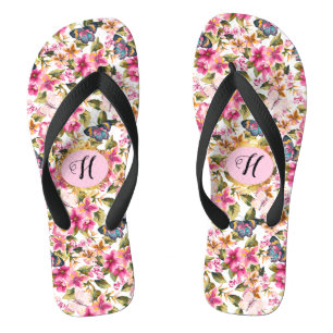 Personalized Vintage Pink Floral Pattern Monogram Flip Flops