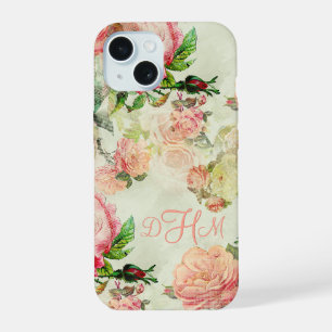 Personalized Vintage Pink Floral Roses Pattern iPhone 15 Case