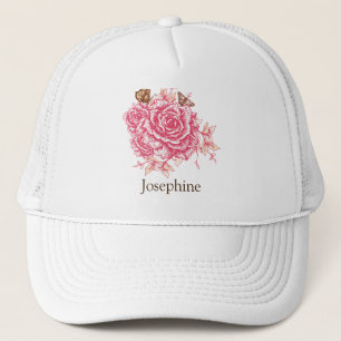 Personalized Vintage Pink Rose Butterfly Floral Trucker Hat