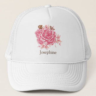 Personalized Vintage Pink Rose Butterfly Floral Trucker Hat