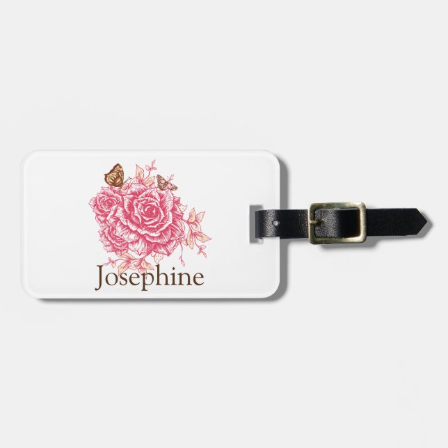Personalized Vintage Pink Rose Flower Butterf Luggage Tag (Front Horizontal)