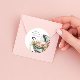 Personalized Vintage Pram Baby Shower Classic Round Sticker