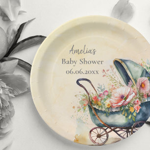 Personalized Vintage Pram Baby Shower Paper Plate