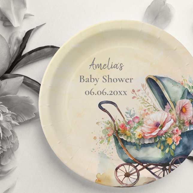 Personalized Vintage Pram Baby Shower Paper Plate (Creator Uploaded)