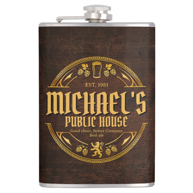 Personalized Vintage Pub Rustic Wood Look Hip Flask (Front)