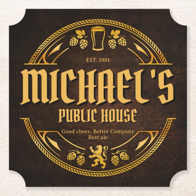 Personalized Vintage Pub Sign Rustic Wood Coaster (Front)