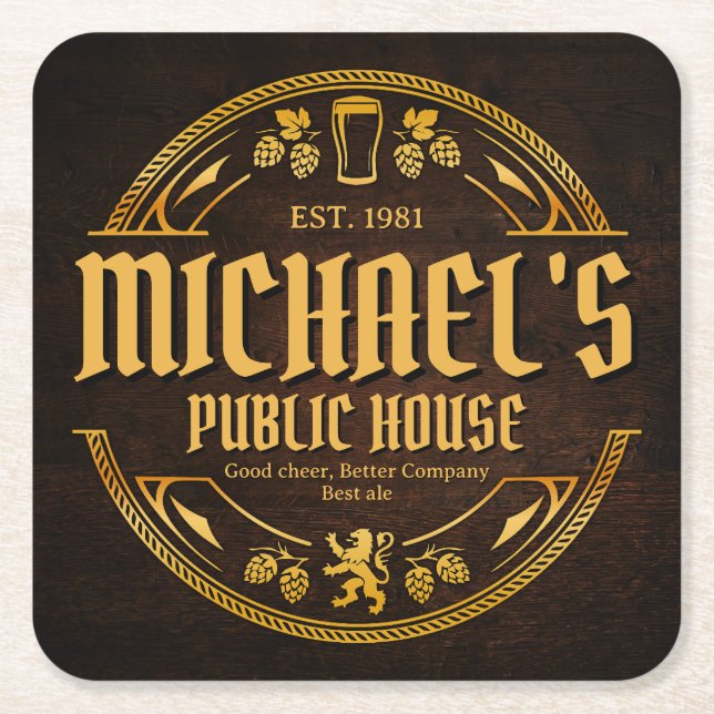 Personalized Vintage Pub Sign Rustic Wood Coaster (Front)