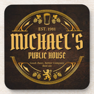 Personalized Vintage Pub Sign Rustic Wood Coaster
