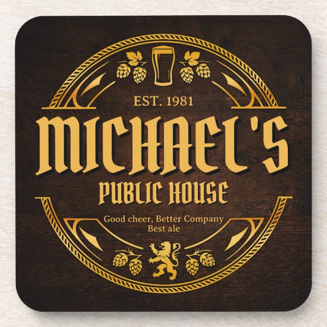 Personalized Vintage Pub Sign Rustic Wood Coaster (Front)