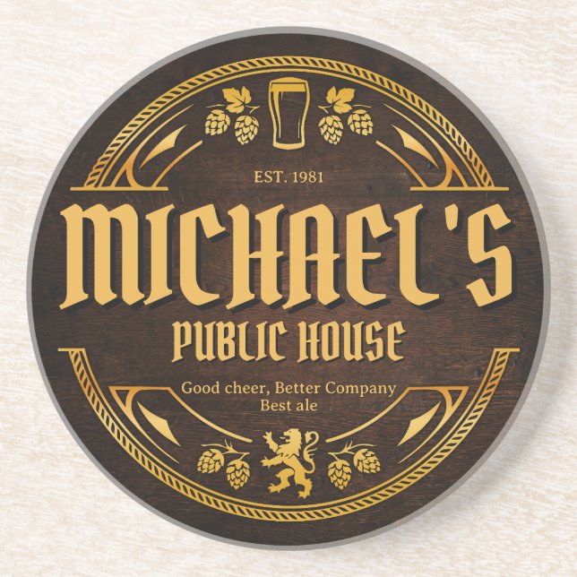 Personalized Vintage Pub Sign Rustic Wood Coaster (Front)
