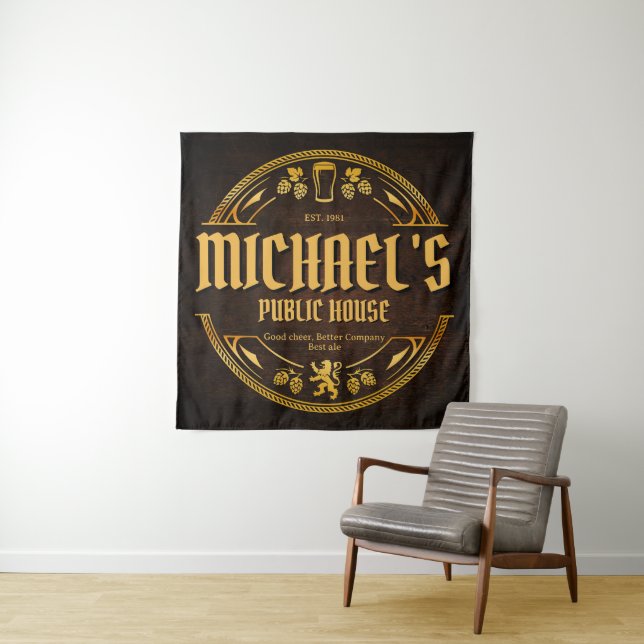 Personalized Vintage Pub Sign Rustic Wood Tapestry (In Situ)