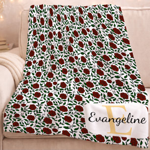Personalized Vintage Red Rose Floral Pattern Fleece Blanket