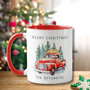 Personalized Vintage Red Truck Merry Christmas Mug