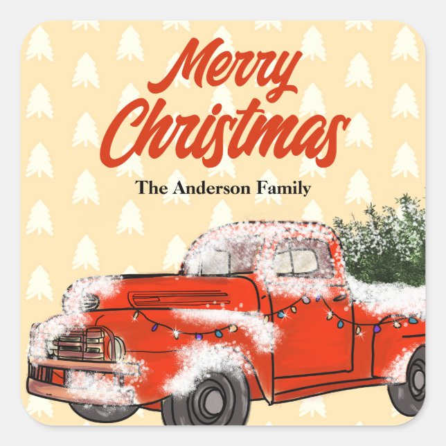 Personalized Vintage Red Truck Merry Christmas Square Sticker (Front)