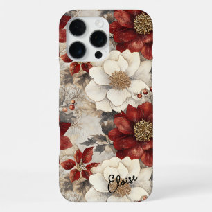 Personalized Vintage Red & White Christmas Floral iPhone 16 Pro Max Case
