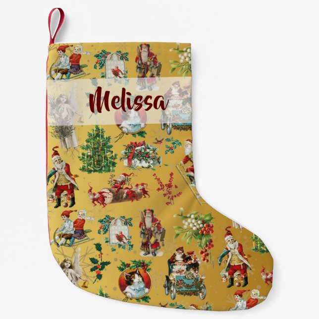 Personalized Vintage Retro Holiday Gold Small Christmas Stocking (Front)