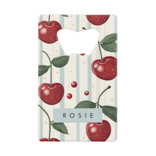 Personalized Vintage Retro Red Cherry Pattern Credit Card Bottle Opener