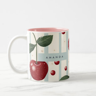 Personalized Vintage Retro Red Cherry Pattern Two-Tone Coffee Mug