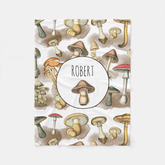 Personalized Vintage Rustic Forest Mushrooms Fleece Blanket (Front)