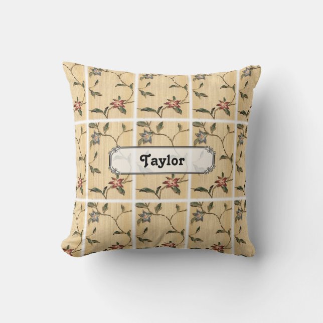 Personalized Vintage Sage Green Burgundy Floral Throw Pillow (Front)