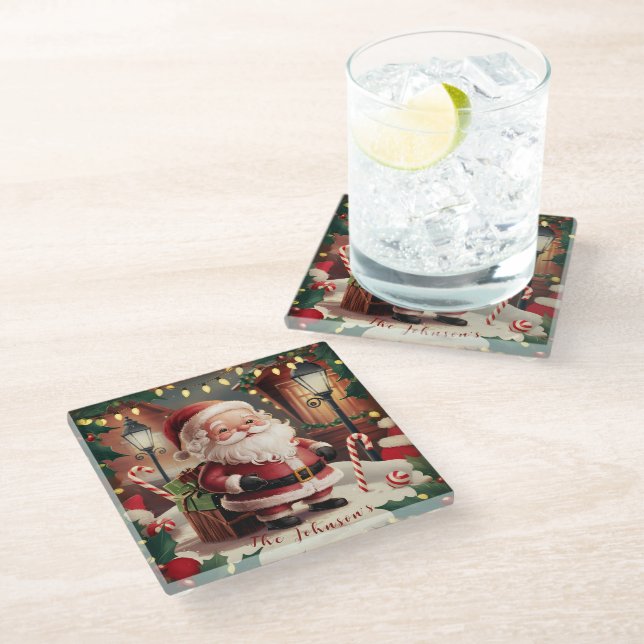 Personalized Vintage Santa Claus Retro Christmas Glass Coaster (Angled)