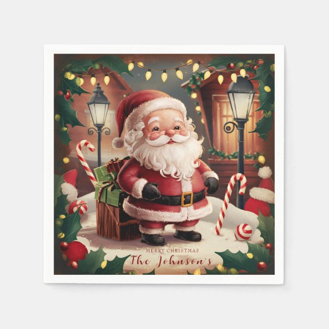 Personalized Vintage Santa Claus Retro Christmas Napkin (Front)