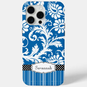 Personalized Vintage Sea Blue Damask and Stripe iPhone 15 Pro Max Case