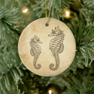 Personalized Vintage Seahorses Ocean Beach Ceramic Ornament