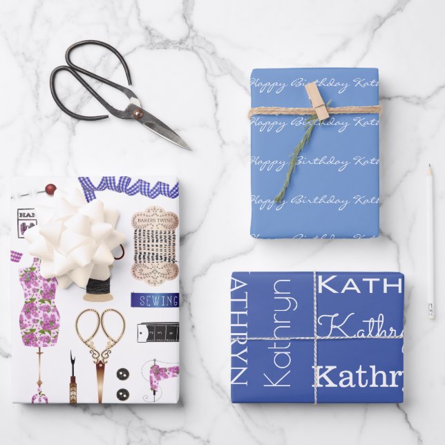 Personalized Vintage Sewing Wrapping Paper Sheet (Front)