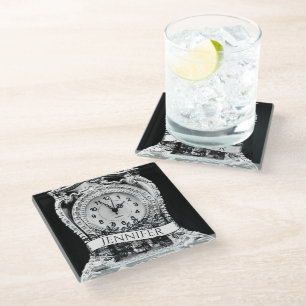 Personalized Vintage Silver Clock Glass Coaster